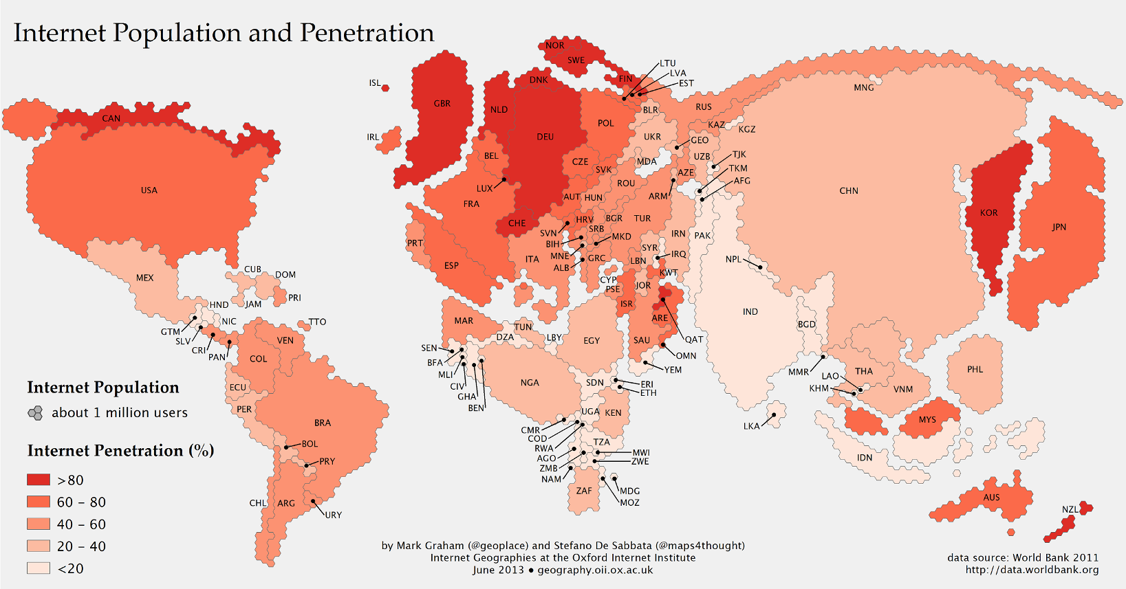 Карта мира, учитывающая интернет-аудитории стран 